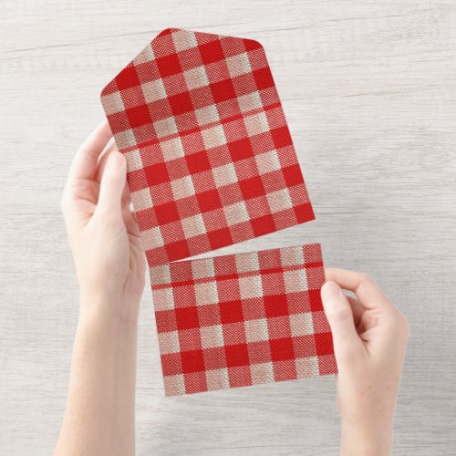 Red Gingham Checkered Pattern Burlap Look All In One Invitation