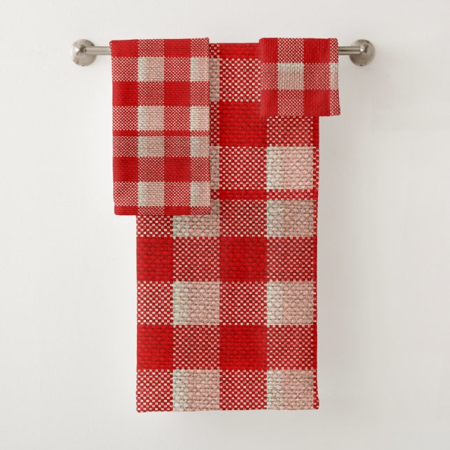 Red Gingham Checkered Pattern Burlap Look Bath Towel Set (Insitu)