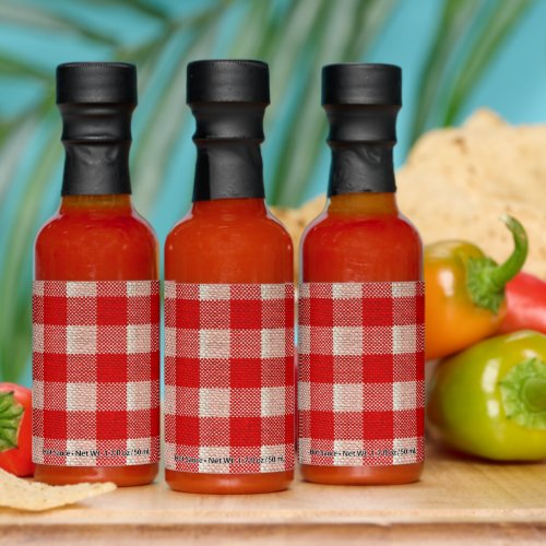 Red Gingham Checkered Pattern Burlap Look Hot Sauces