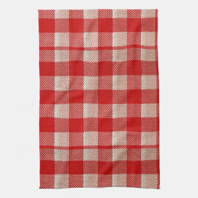 Red Gingham Checkered Pattern Burlap Look Kitchen Towel (Vertical)