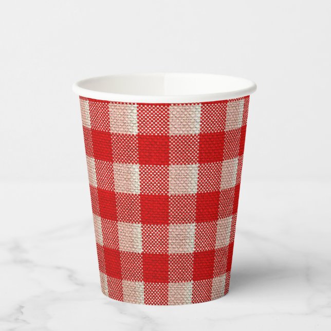 Red Gingham Checkered Pattern Burlap Look Paper Cups (Left)