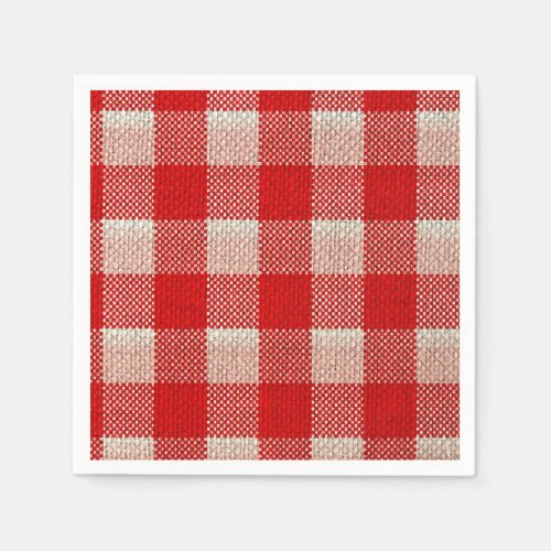 Red Gingham Checkered Pattern Burlap Look Paper Napkins