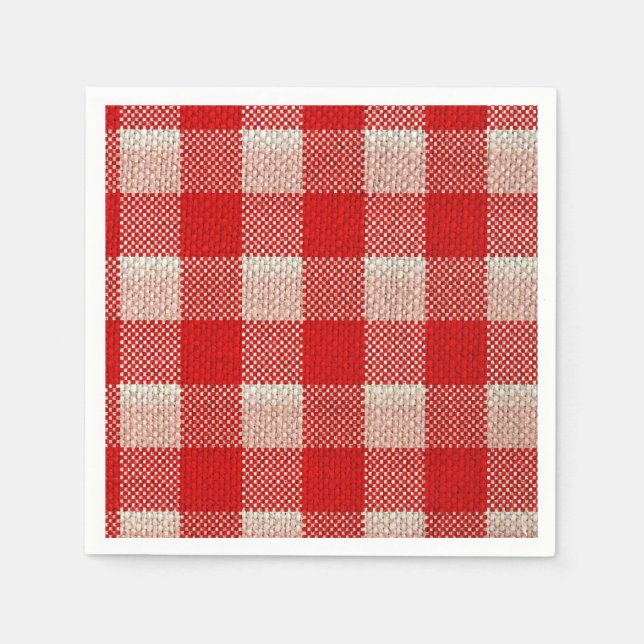 Red Gingham Checkered Pattern Burlap Look Paper Napkins (Front)