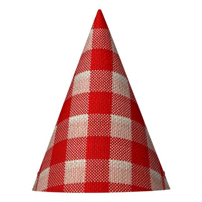 Red Gingham Checkered Pattern Burlap Look Party Hat (Front)