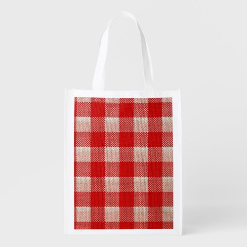 Red Gingham Checkered Pattern Burlap Look Reusable Grocery Bag