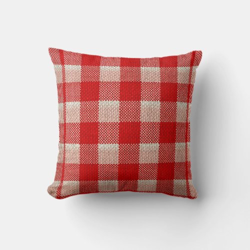 Red Gingham Checkered Pattern Burlap Look Throw Pillow
