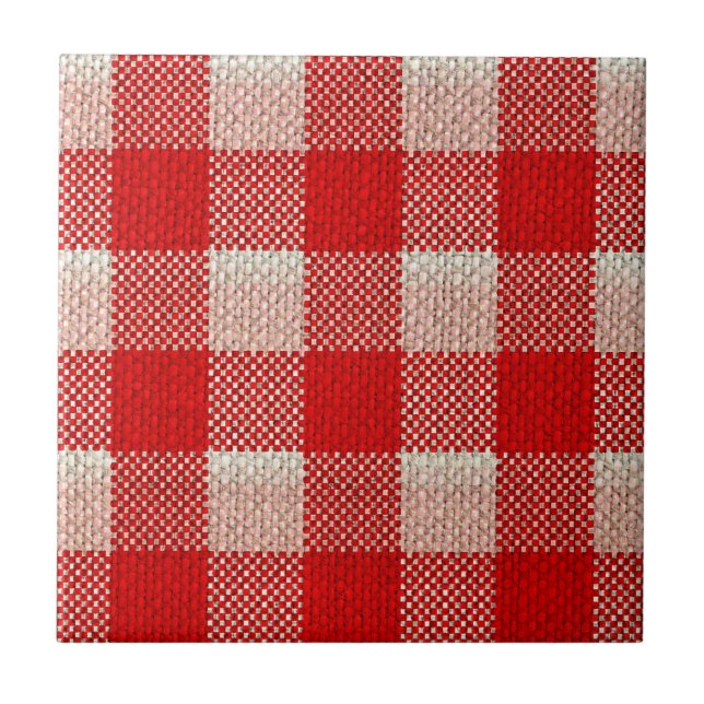 Red Gingham Checkered Pattern Burlap Look Tile (Front)