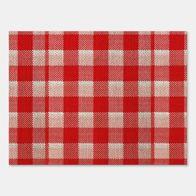 Red Gingham Checkered Pattern Burlap Look Yard Sign (Front)