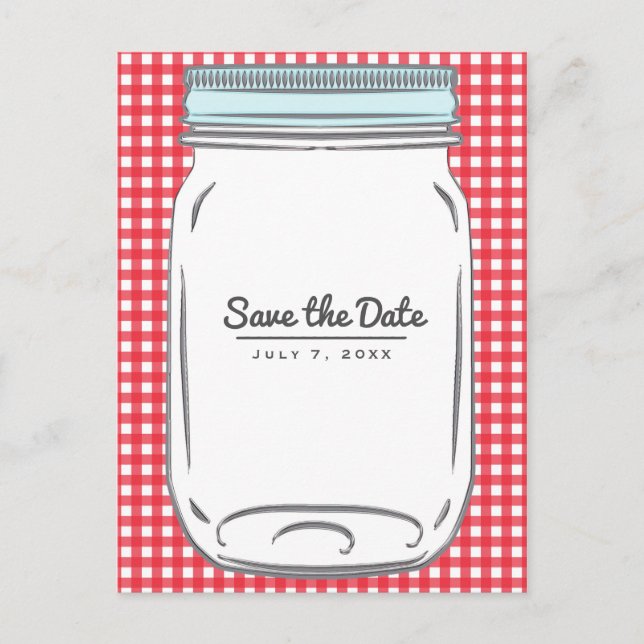 Red Gingham Checkered Rustic Country Save the Date Announcement Postcard (Front)