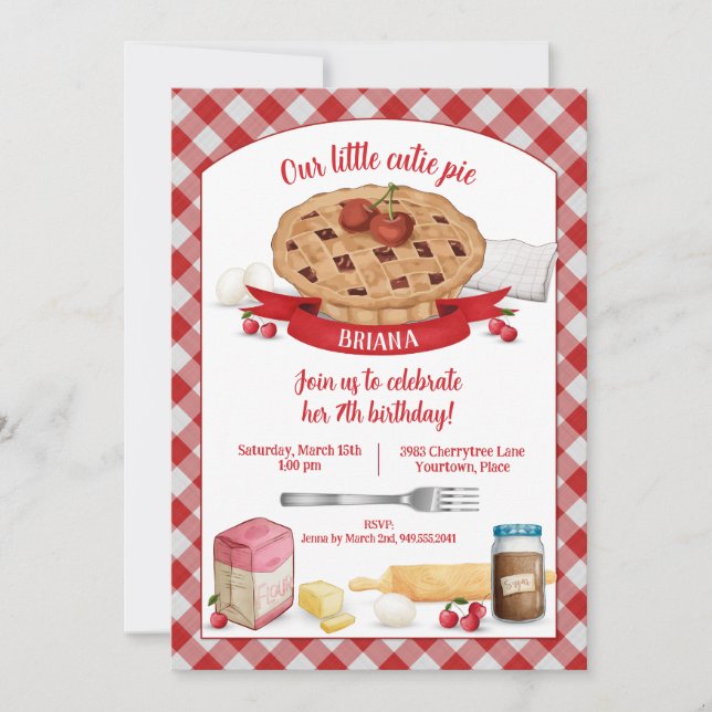 Red Gingham Cherry Cutie Pie Birthday Party Invitation (Front)