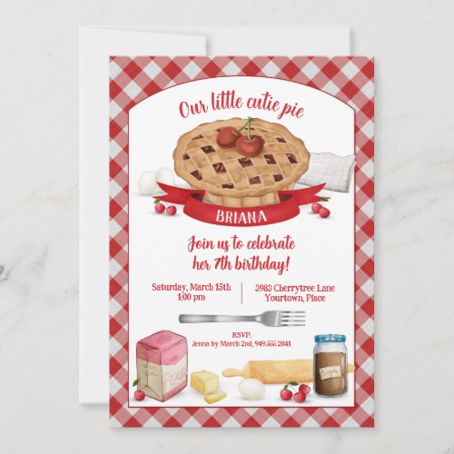 Red Gingham Cherry Cutie Pie Birthday Party Invitation