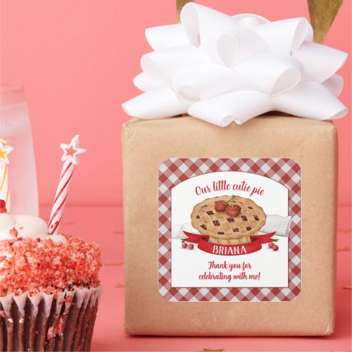 Red Gingham Cherry Cutie Pie Birthday Party Square Sticker