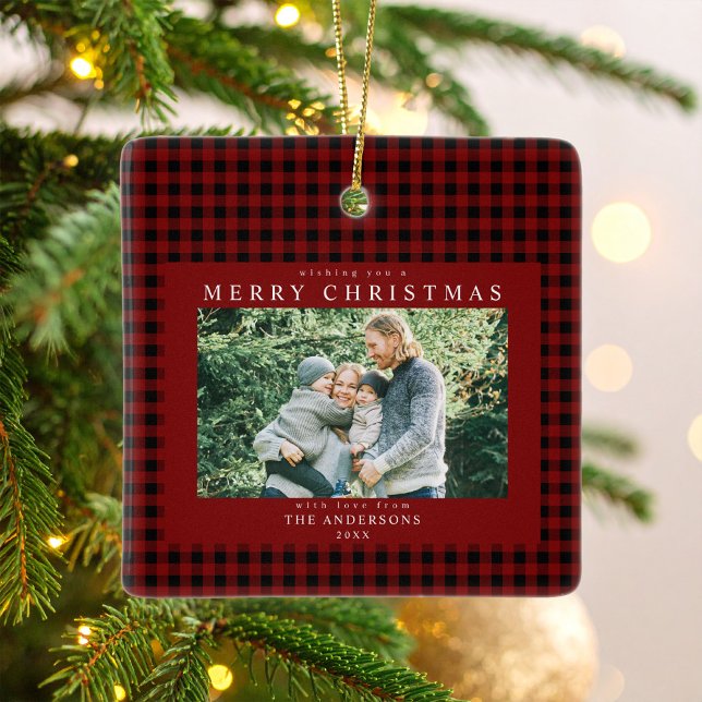 Red Gingham Christmas Photo Ceramic Ornament (Creator Uploaded)