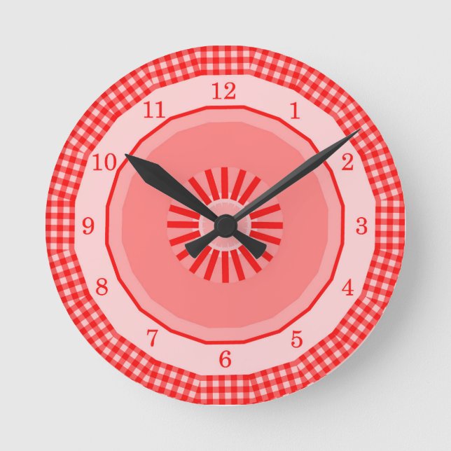 Red Gingham Country Checks Numbered Round Clock (Front)