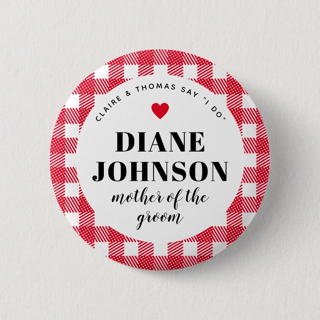 Red Gingham Country Chic Wedding Party Button (Front)