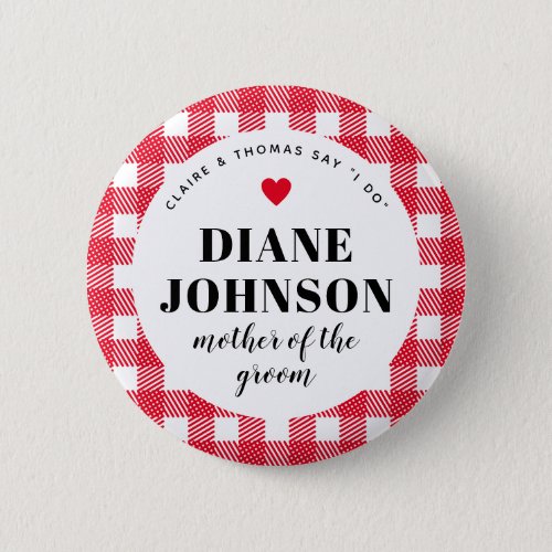 Red Gingham Country Chic Wedding Party Button