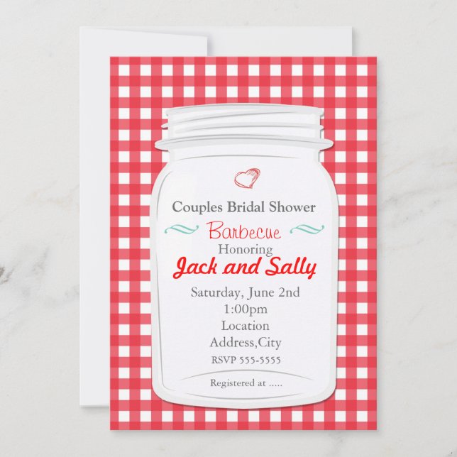 Red Gingham Country Rustic Mason Jar Invitation (Front)