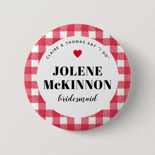 Red Gingham Country Wedding Bridesmaid Name Button (Front)