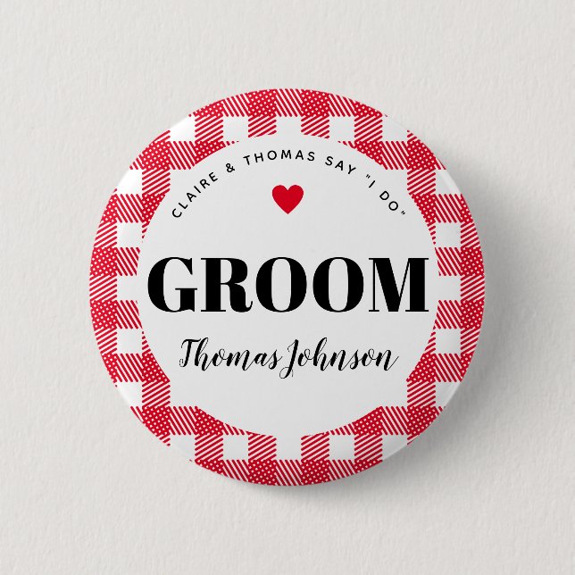 Red Gingham Country Wedding Groom's Name Button (Front)