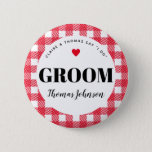 Red Gingham Country Wedding Groom's Name Button<br><div class="desc">A fun way to help a blending family get to know who is who, these red and white gingham plaid wedding party name tag button pins are an easy addition to guest welcome bags, rehearsal dinner entry tables, engagement party hand-outs and more. Give one to the groom so grandma stops...</div>