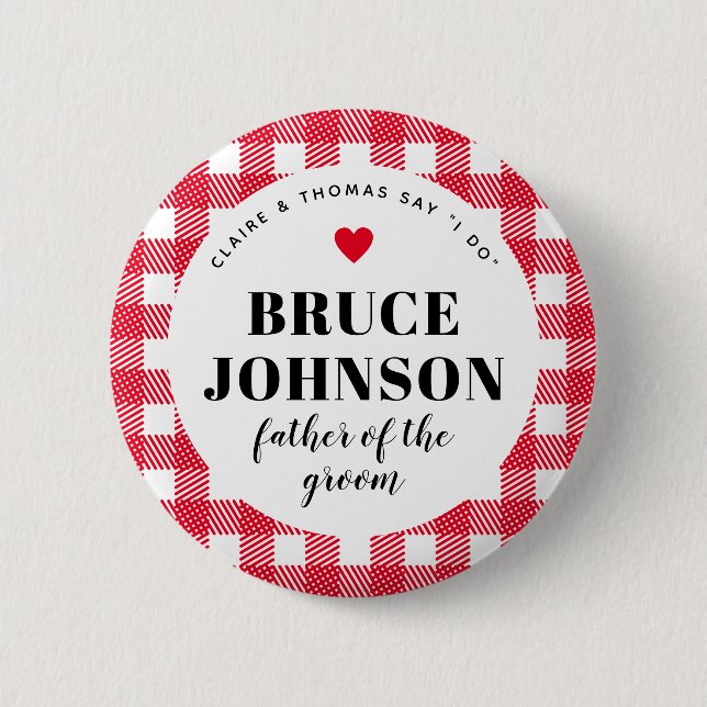 Red Gingham Country Wedding Party Dad of the Groom Button (Front)
