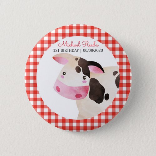 Red Gingham Cow Birthday Barnyard Favor Button