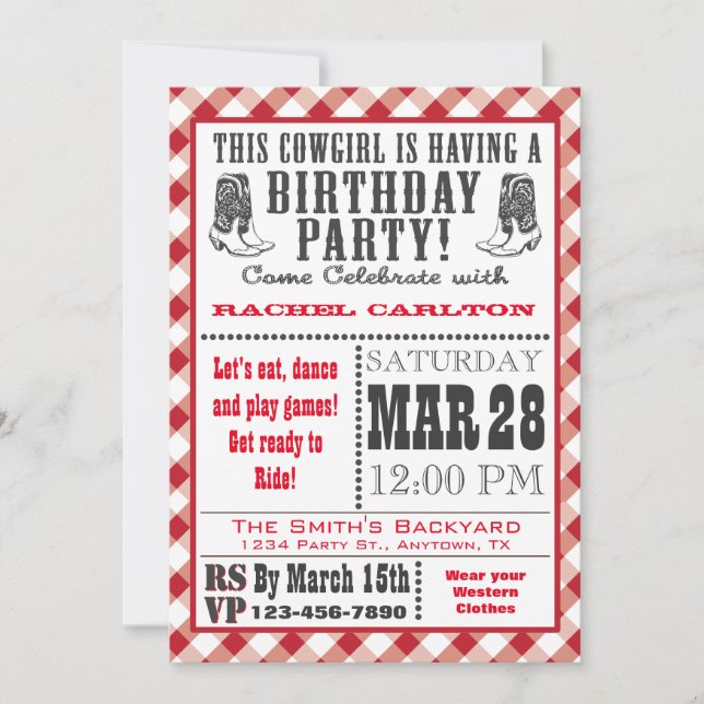 Red Gingham Cowgirl Birthday Invitation (Front)