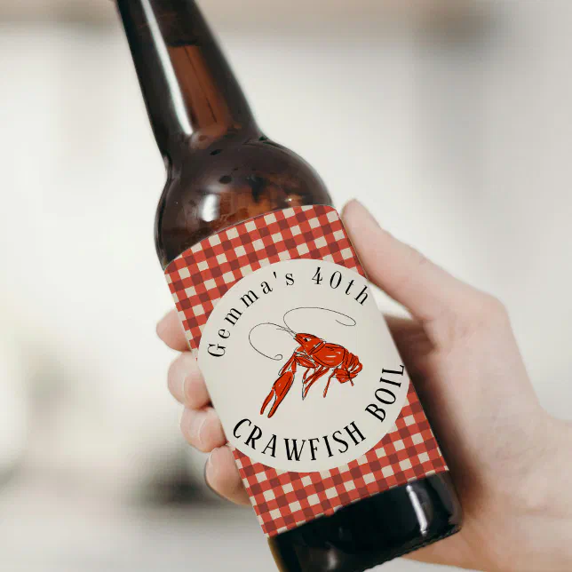 Crawfish Label Red Gingham Crawfish Boil Seafood Party Beer Bottle Label | Zazzle