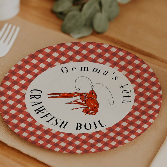 Red Gingham Crawfish Boil Seafood Party Paper Plates (Crawfish boil party red gingham personalized paper plates.)