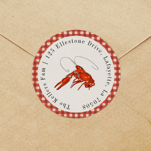Red Gingham Crawfish Boil Seafood Return Address Classic Round Sticker