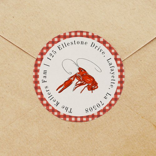 Red Gingham Crawfish Boil Seafood Return Address Classic Round Sticker