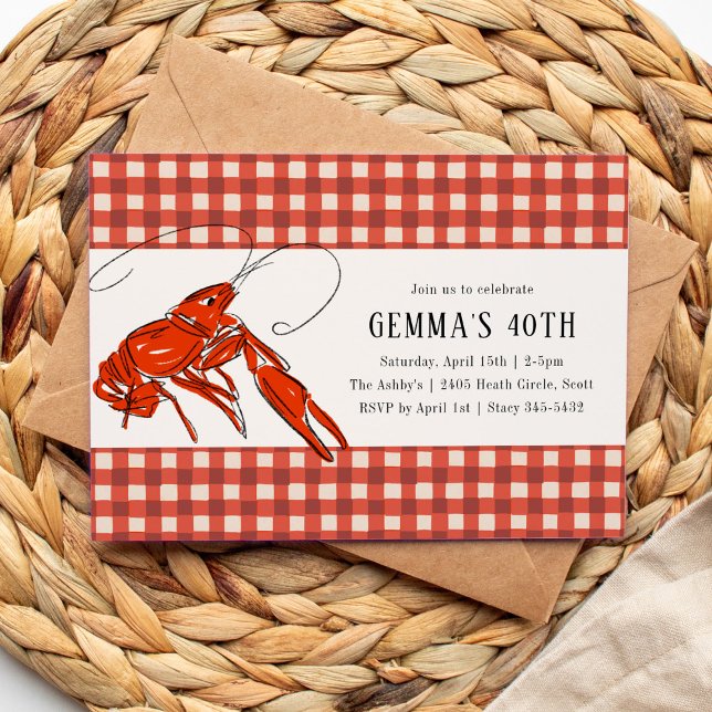 Red Gingham Crawfish Boil Seafood Summer Party Invitation (Red gingham frames this boiled crawfish birthday party invitation.)