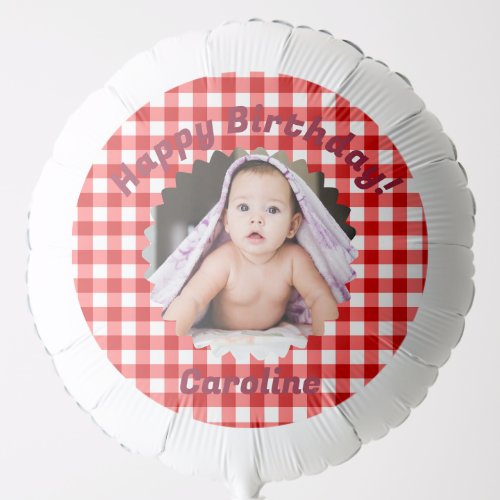 Red Gingham Custom Photo Happy Birthday Balloon