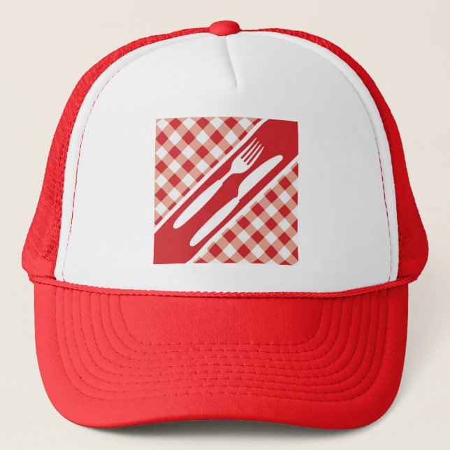 Red Gingham & Cutlery Trucker Hat (Front)
