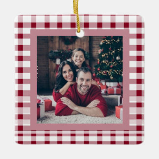 Red Gingham Elegant Two-Sided 2 Photo Christmas Ceramic Ornament