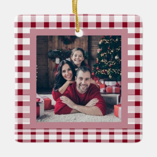 Red Gingham Elegant Two_Sided 2 Photo Christmas  Ceramic Ornament