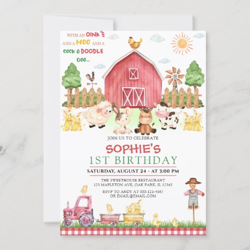 Red Gingham Farm Animals Barnyard Birthday Invitation