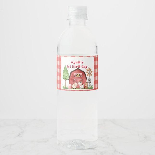 Red Gingham Farm First Birthday Drink Label (Front)