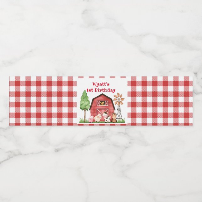 Red Gingham Farm First Birthday Drink Label (Single Label)