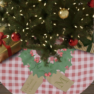 Red Gingham Farmhouse Check Holly Wreath Family Brushed Polyester Tree Skirt