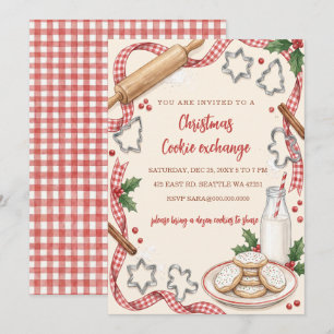 Red Gingham Fun Cookie Exchange Christmas Party Invitation