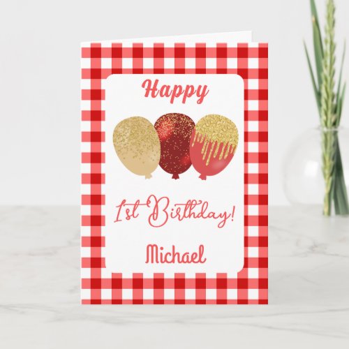 Red Gingham  Glitter Balloons 1st Birthday Card
