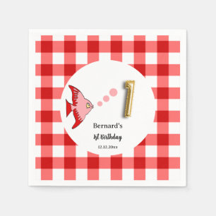 Red Gingham Gold Foil Balloon Fish 1st Birthday Napkins