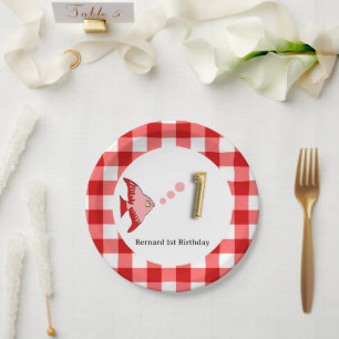 Red Gingham Gold Foil Balloon Fish 1st Birthday Paper Plates