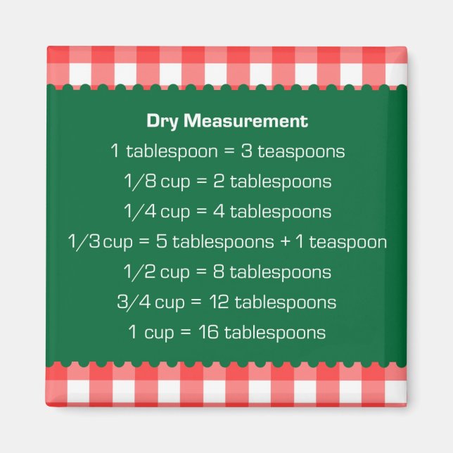 Red gingham green dry measure chart kitchen helper magnet (Front)