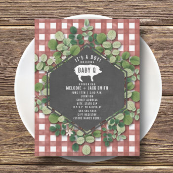 Red Gingham Greenery Baby Q Baby Shower Invitation by JillsPaperie at Zazzle