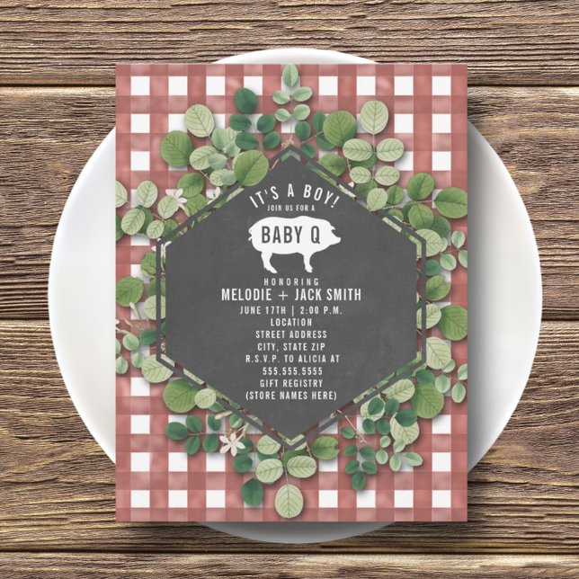 Red Gingham Greenery Baby Q Baby Shower Invitation (Creator Uploaded)