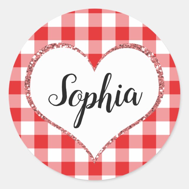 Red Gingham Heart Custom Name Monogram Valentine Classic Round Sticker (Front)