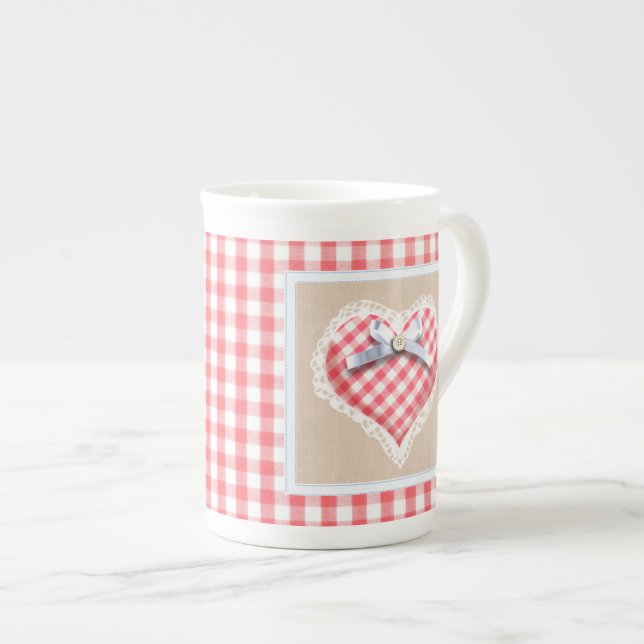 Red Gingham Heart with bow graphic Bone China Mug (Front Right)