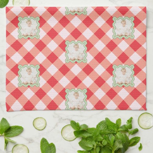 Red Gingham Holiday Christmas Custom Photo Kitchen Towel